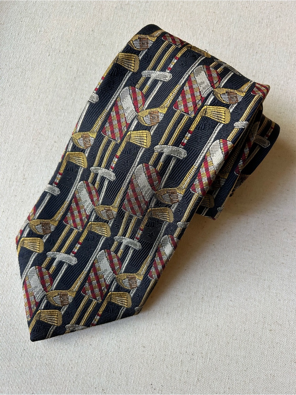 Robert Talbott Black Silk Tie with Gold and Red Geometric Motif